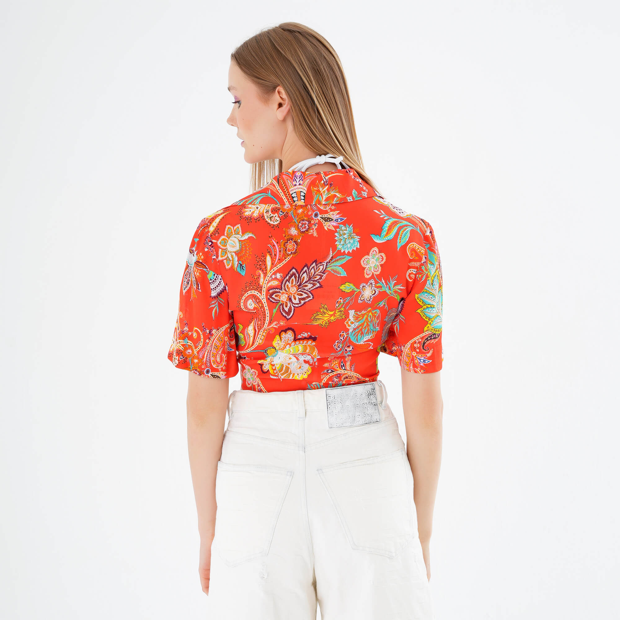 Etro - Orange Paisley Silk Cropped Blouse IT42